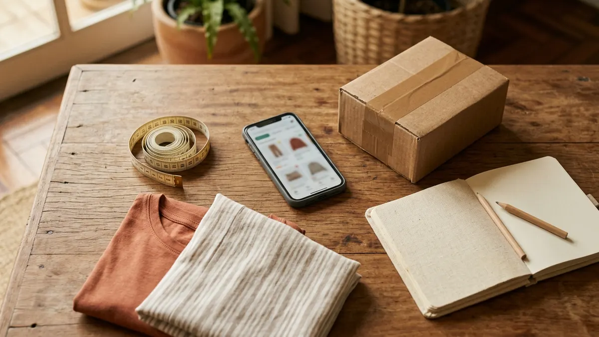 Mesa com celular, fita métrica, roupas dobradas e uma caixa de entrega